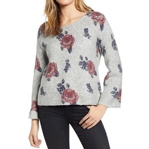Lucky Brand Wool Blend Scoop Neck Floral Bell Sleeve Sweater in Grey Size Medium